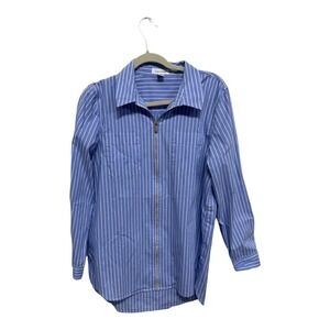 Calvin Klein Blue White Nautical Vertical Striped Full Zip Collared Shirt Size L